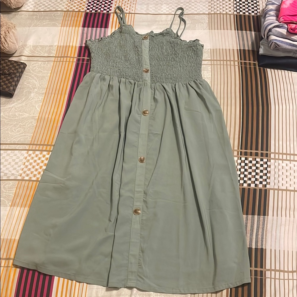 Green Kids Dress with Button Detail